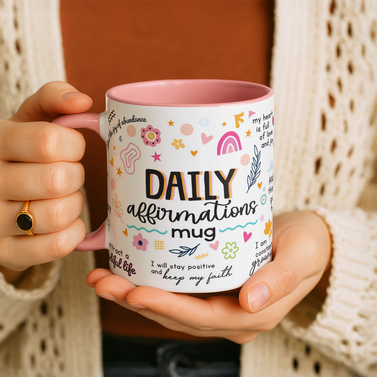 11oz Ceramic Mug White - Positive mindset artwork featuring hand-drawn florals and motivational text