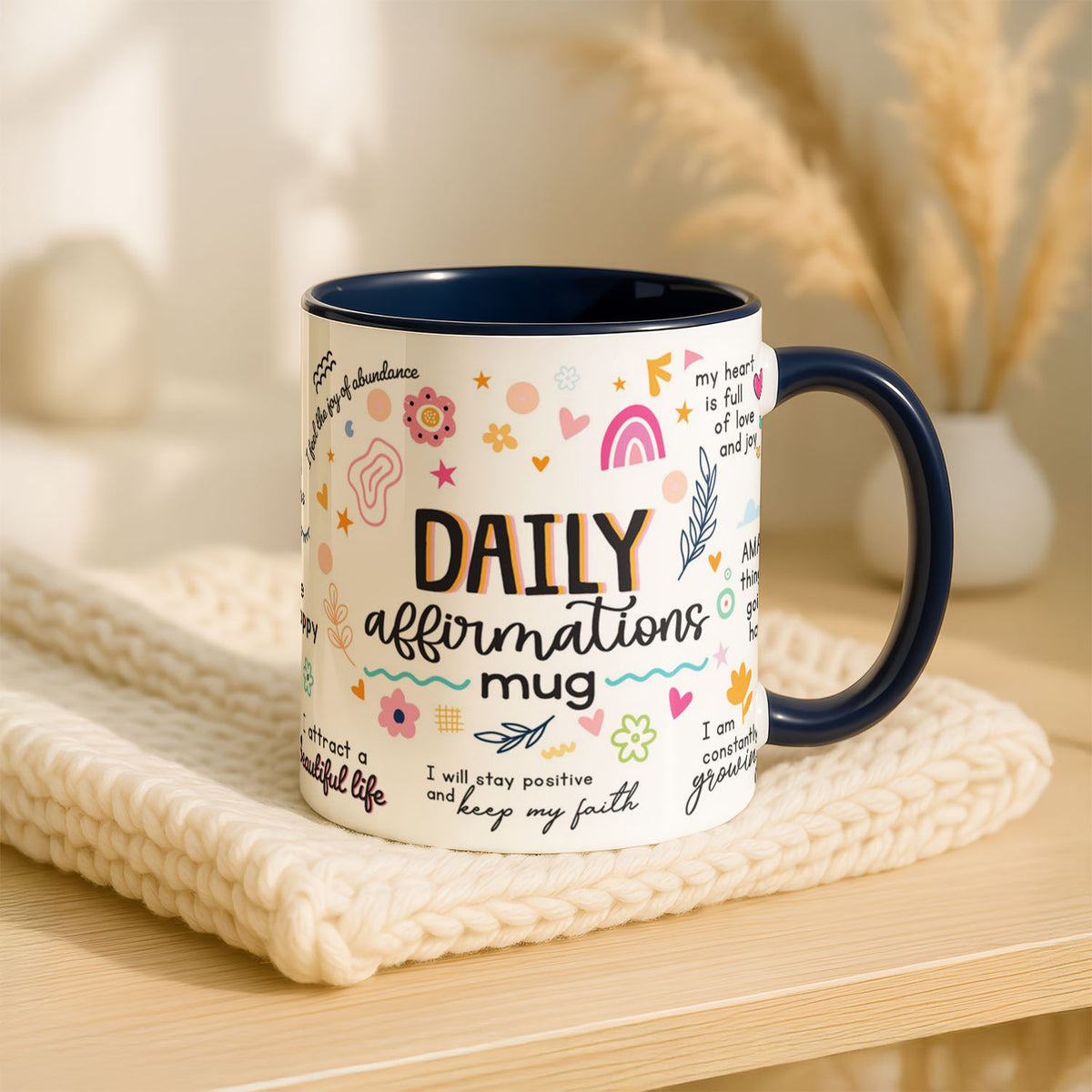 11oz Ceramic Mug White - Cheerful affirmations mug with orange, pink and teal illustrated elements