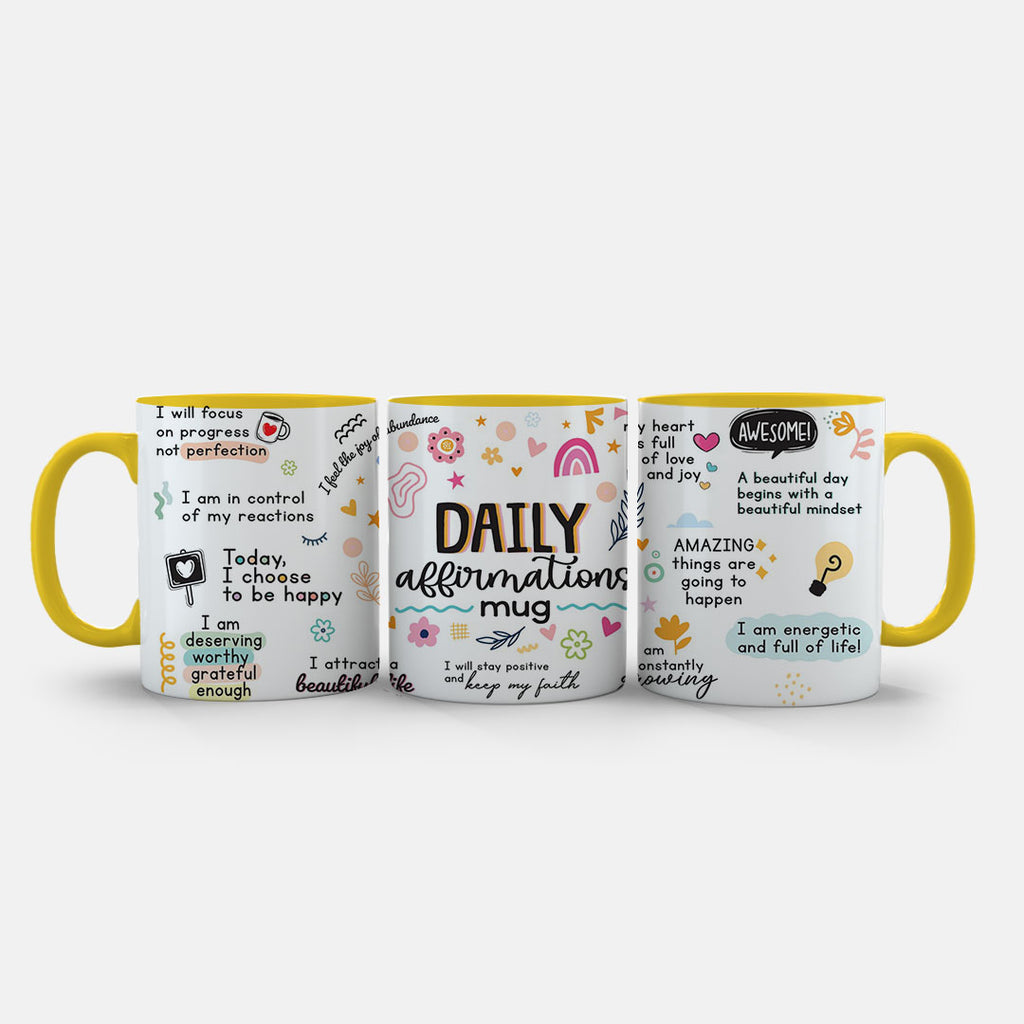 11oz Ceramic Mug White - Wellness-themed mug with motivational messages and colourful hand-drawn art
