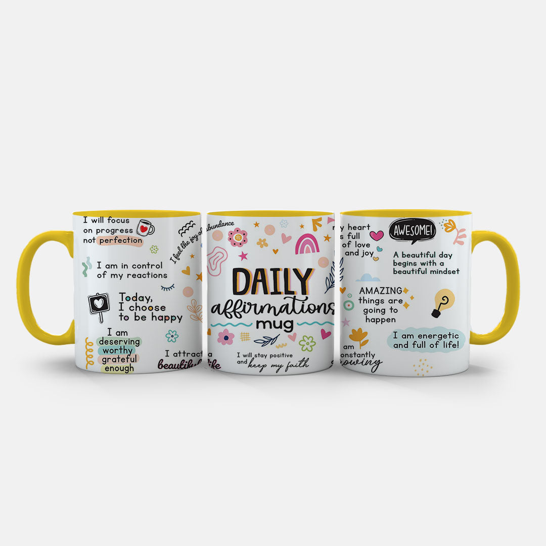 11oz Ceramic Mug White - Wellness-themed mug with motivational messages and colourful hand-drawn art
