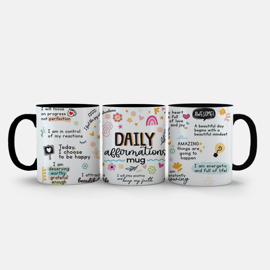 11oz Ceramic Mug White - Inspirational mug with growth mindset messages and playful doodle design