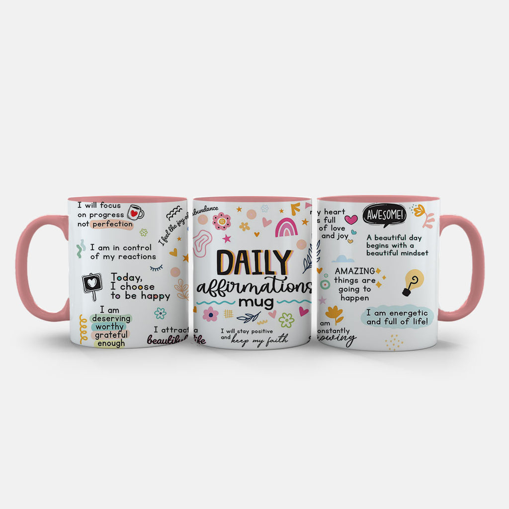 11oz Ceramic Mug White - Self-care mug with daily affirmations in gold text and warm colour palette