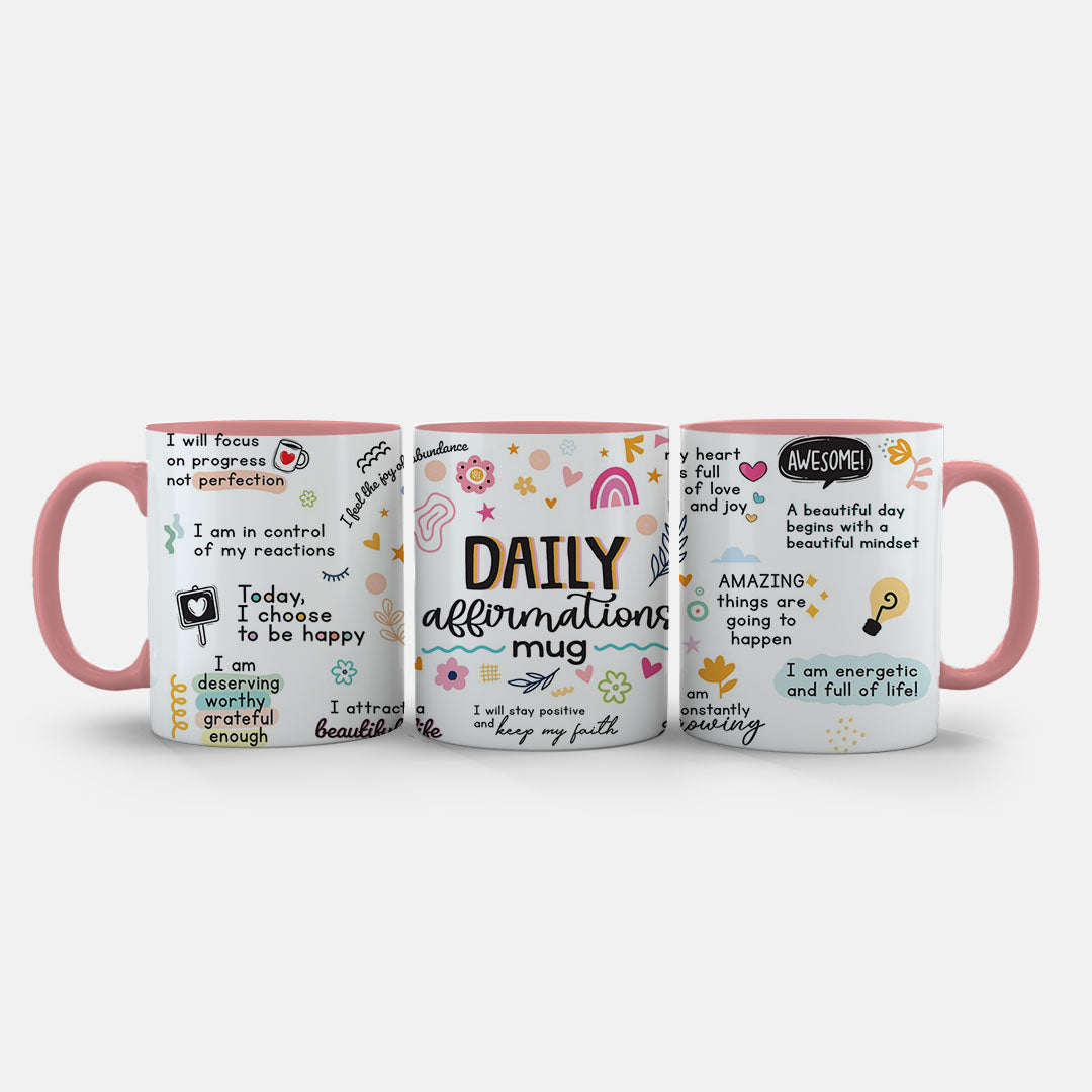 11oz Ceramic Mug White - Self-care mug with daily affirmations in gold text and warm colour palette