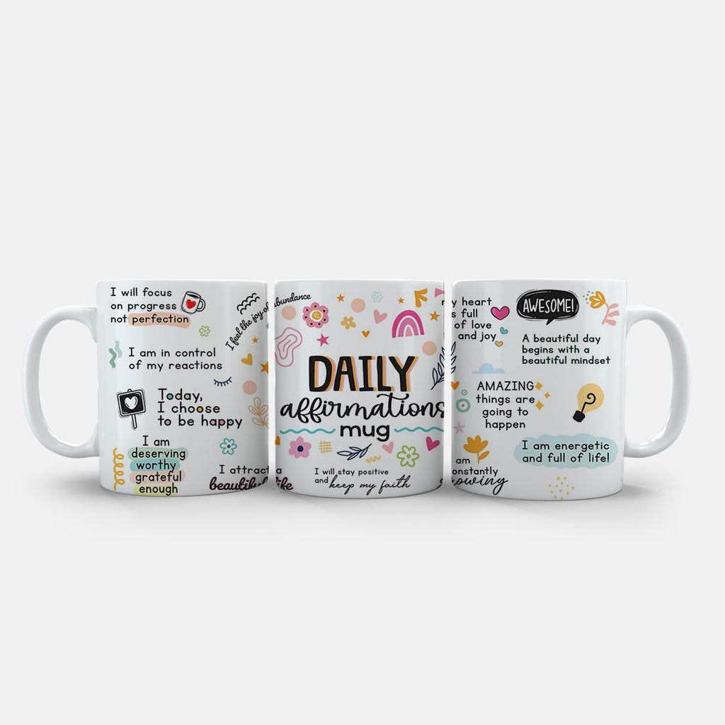 11oz Ceramic Mug White - Motivational ceramic mug with positive quotes and cheerful illustrated elements