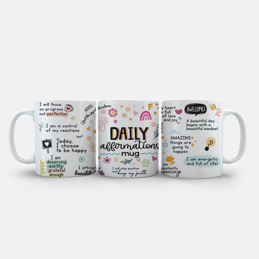 11oz Ceramic Mug White - Motivational ceramic mug with positive quotes and cheerful illustrated elements