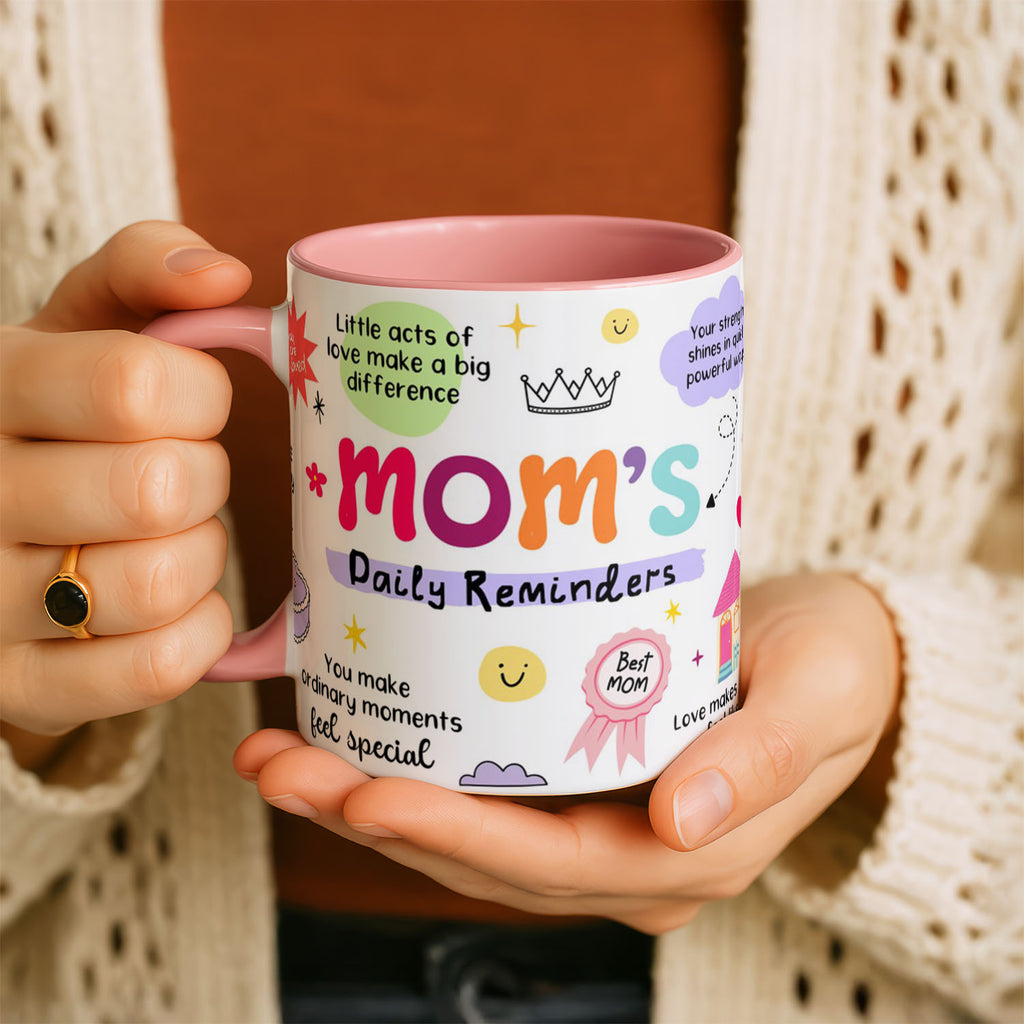 11oz Mug Black - Cheerful mum sentiment artwork with heart, sun, crown and smiley face icons