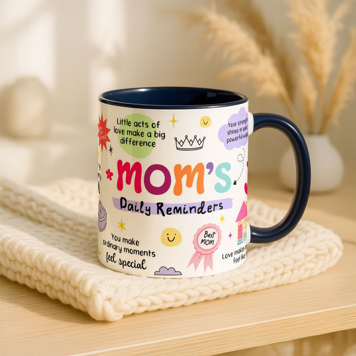 11oz Mug Blue - Daily reminders poem for mothers with bold lettering and playful decorative elements