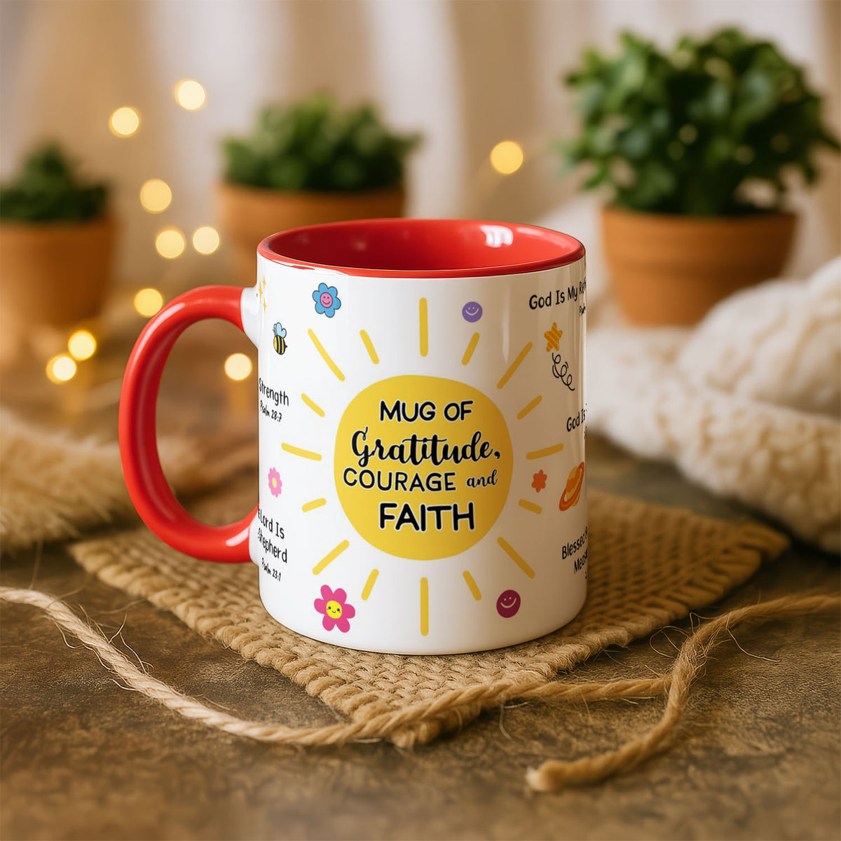 11oz Mug White - Gratitude Courage Faith design with yellow sun centre and Bible verses