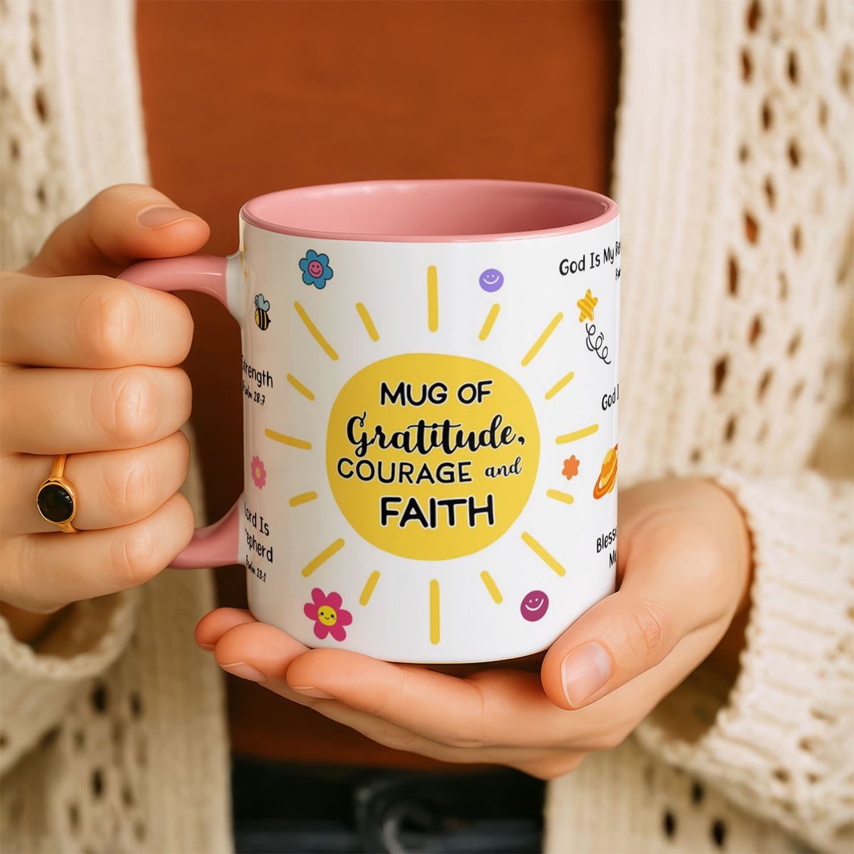 11oz Mug Black - Inspirational mug with smiling flowers and rainbow graphics