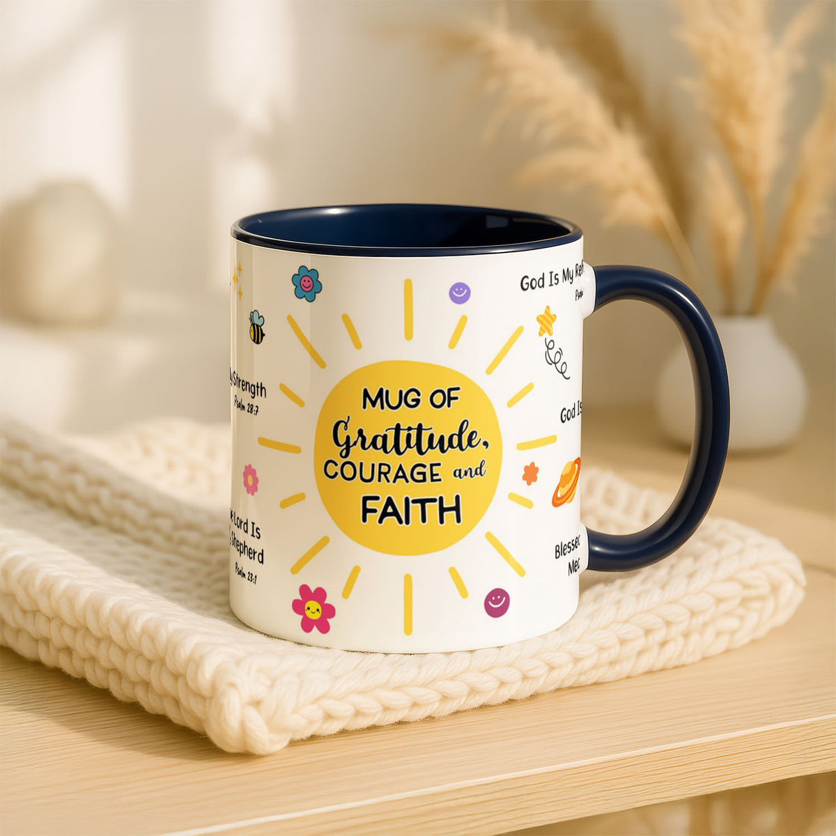 11oz Mug Blue - Scripture-themed design featuring smiley face illustrations