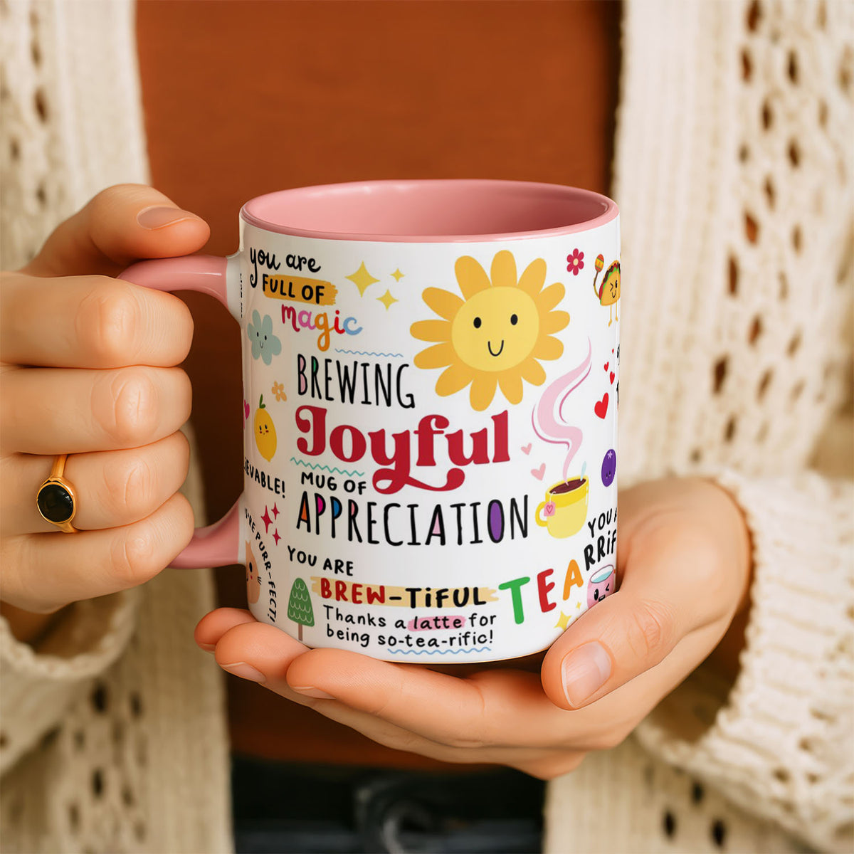 11oz Ceramic Mug Black - Feel-good thank you puns and doodles in pink, yellow, red and green