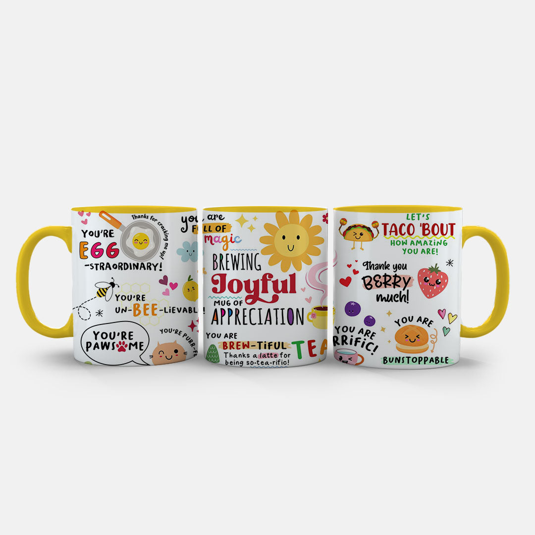 11oz Ceramic Mug Black - Playful wordplay design featuring happy sun, cat, and thank you messages