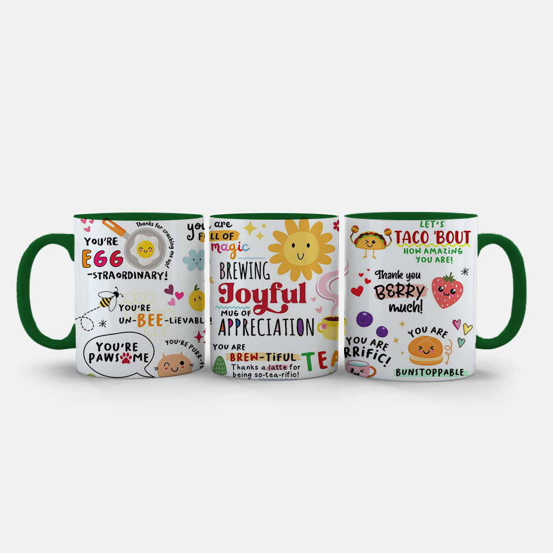11oz Ceramic Mug Blue - Gratitude-themed mug with punny text and adorable character illustrations