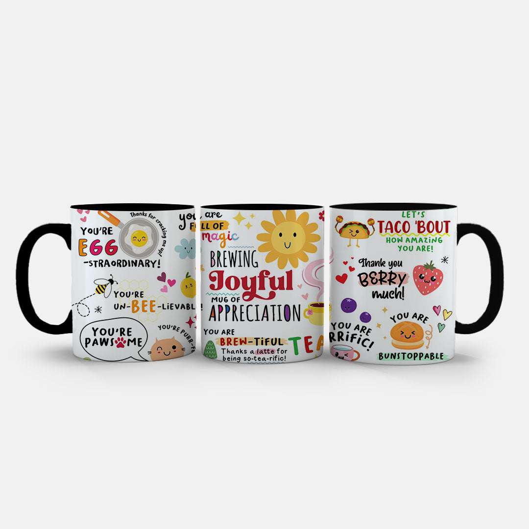 11oz Ceramic Mug White - Colourful funny appreciation design with bees, berries and positive sayings