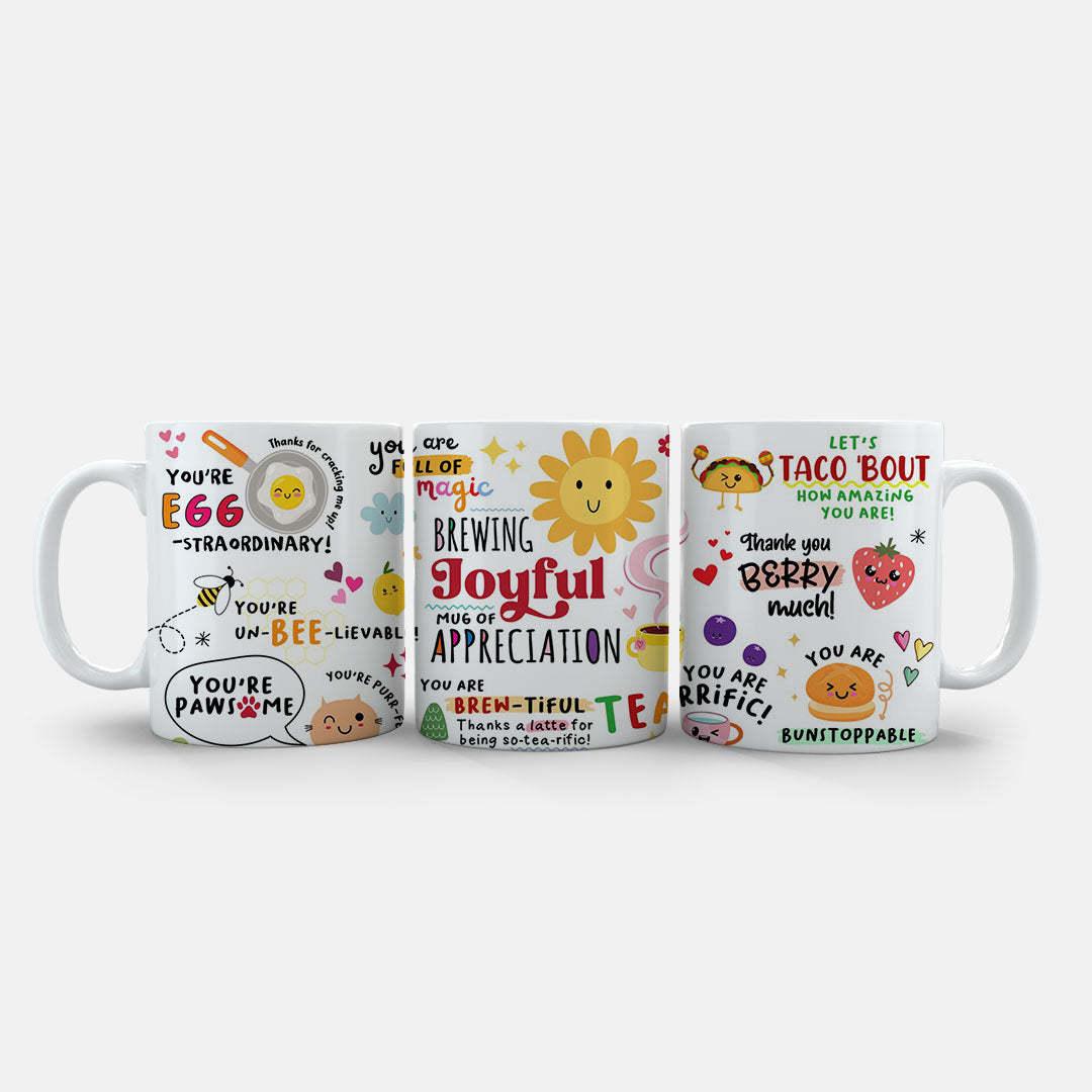11oz Ceramic Mug Blue - Playful gratitude-themed mug featuring fun puns and smiling illustrations