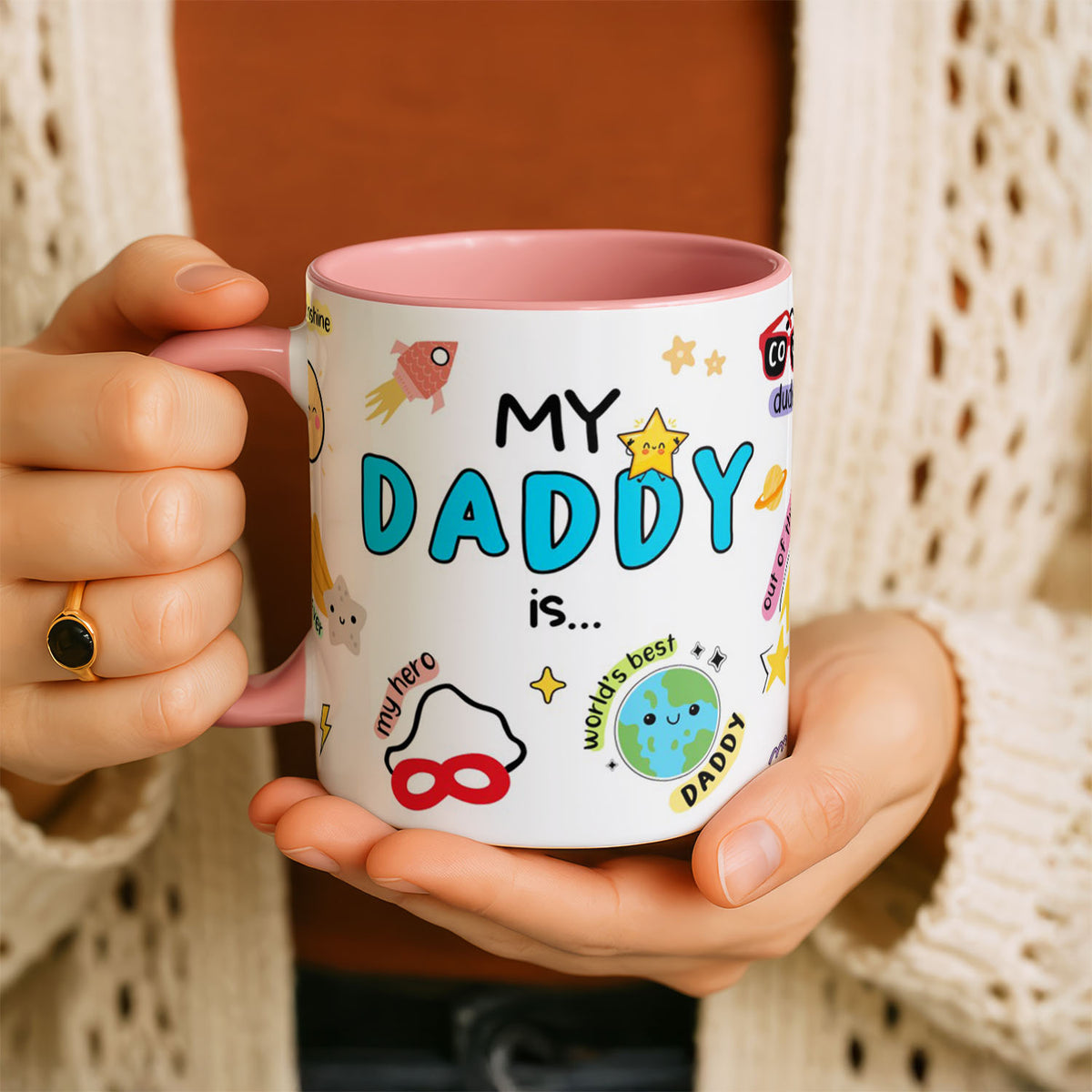 11oz Ceramic Mug Black - My Daddy Is design with colourful funny labels and playful icons