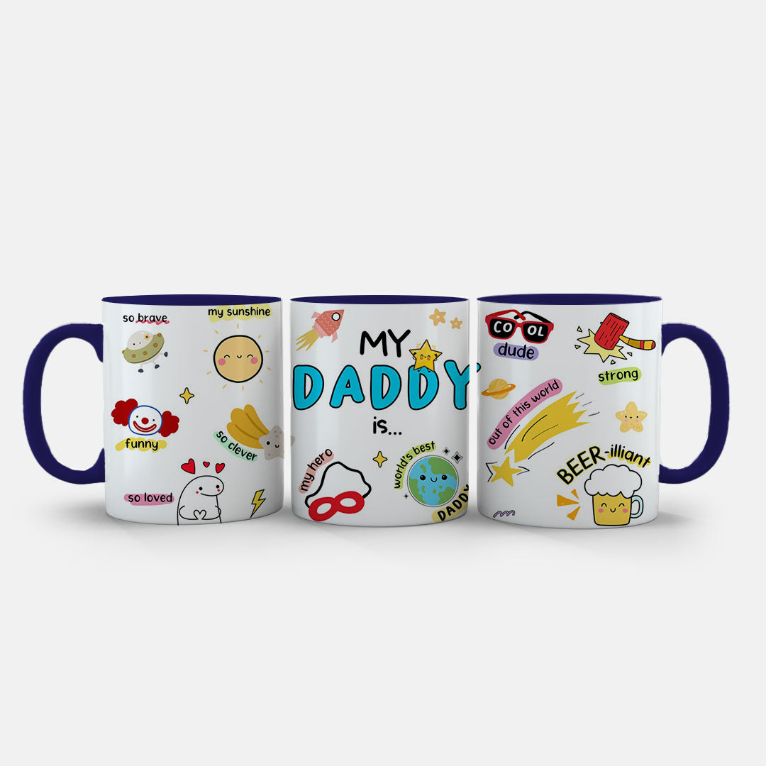11oz Ceramic Mug Red - My Daddy Is design with colourful funny labels and playful icons