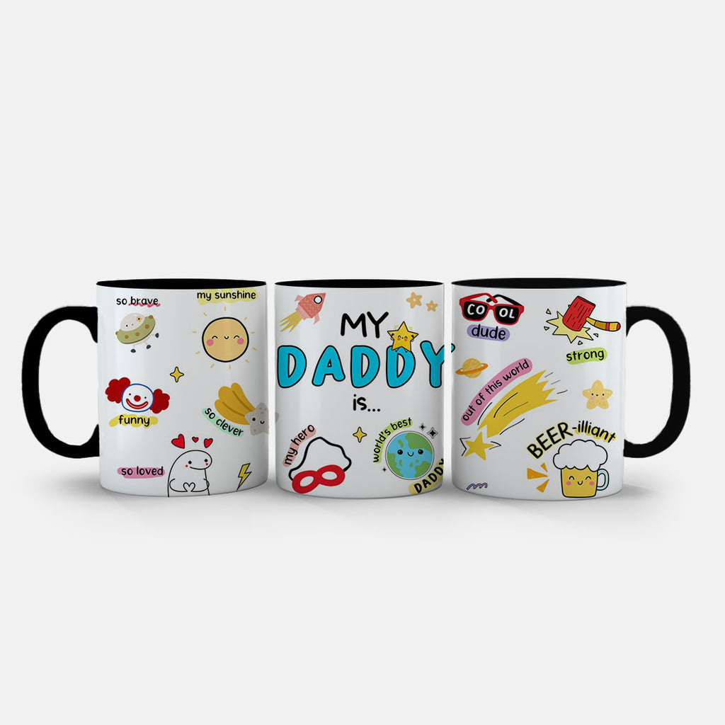 11oz Ceramic Mug Pink - My Daddy Is design with colourful funny labels and playful icons