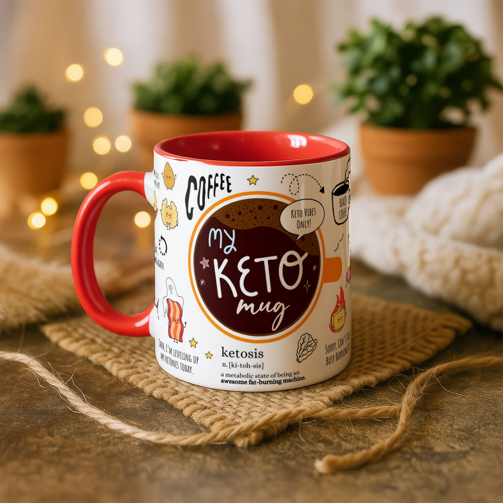 11oz Ceramic Mug White - Keto mug design with colourful characters and witty diet humour