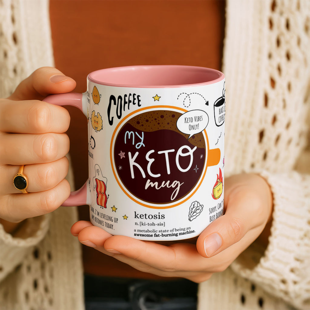 11oz Ceramic Mug Black - My Keto Mug design with orange coffee cup and playful keto messages