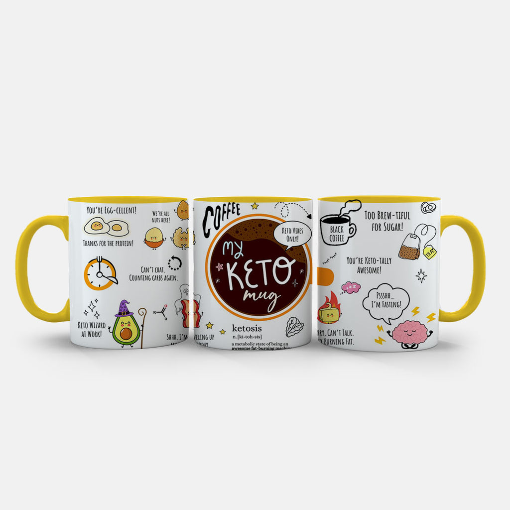 11oz Ceramic Mug Green - My Keto Mug artwork with eggs, coffee cup and diet humour in colour
