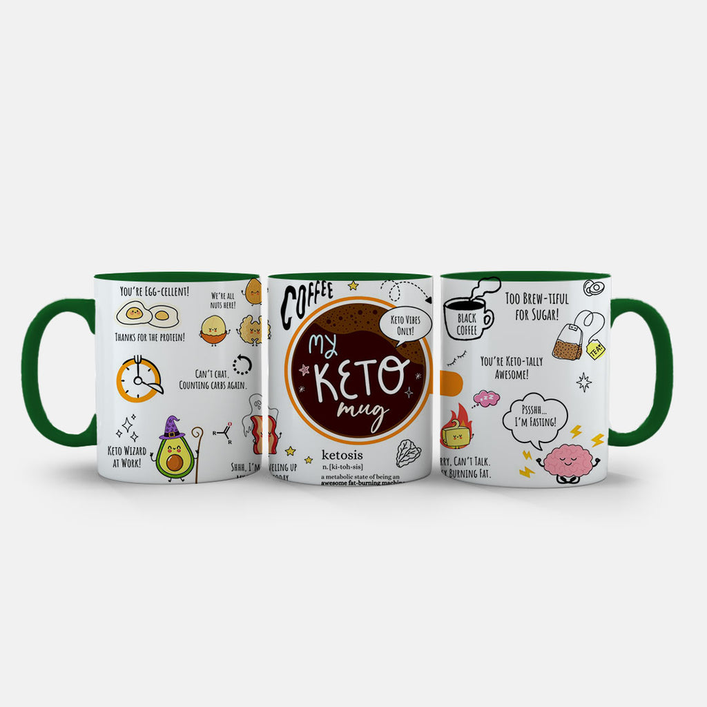11oz Ceramic Mug Yellow - Keto mug design showing brain character and funny keto lifestyle messages
