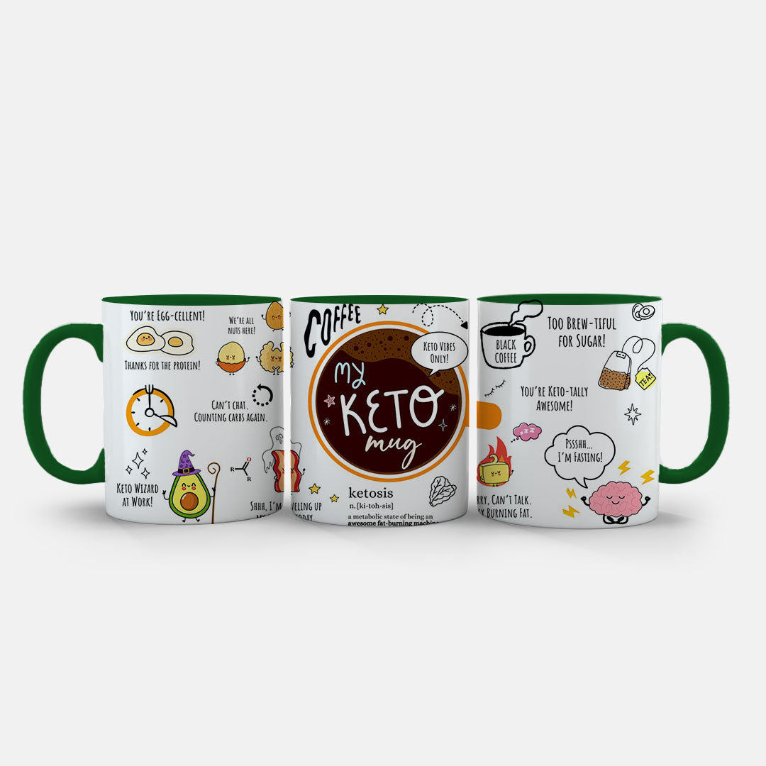 11oz Ceramic Mug Yellow - Keto mug design showing brain character and funny keto lifestyle messages
