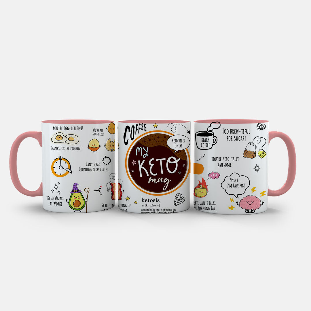 11oz Ceramic Mug Orange - Keto diet mug featuring multiple cute characters and witty diet quotes