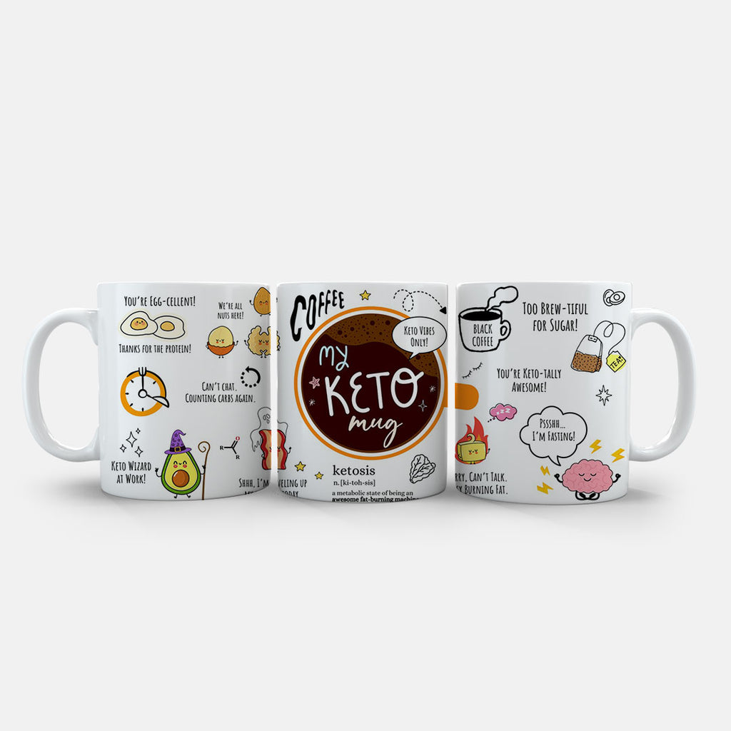 11oz Ceramic Mug Grey - My Keto Mug design with playful keto characters and humorous messages