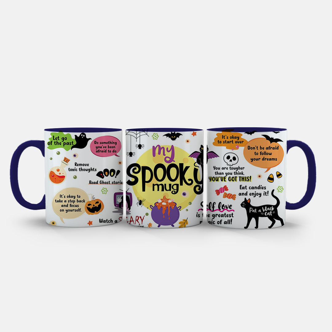 11oz Mug Colours - Purple cauldron, spiders, and candy icons scattered across mug artwork