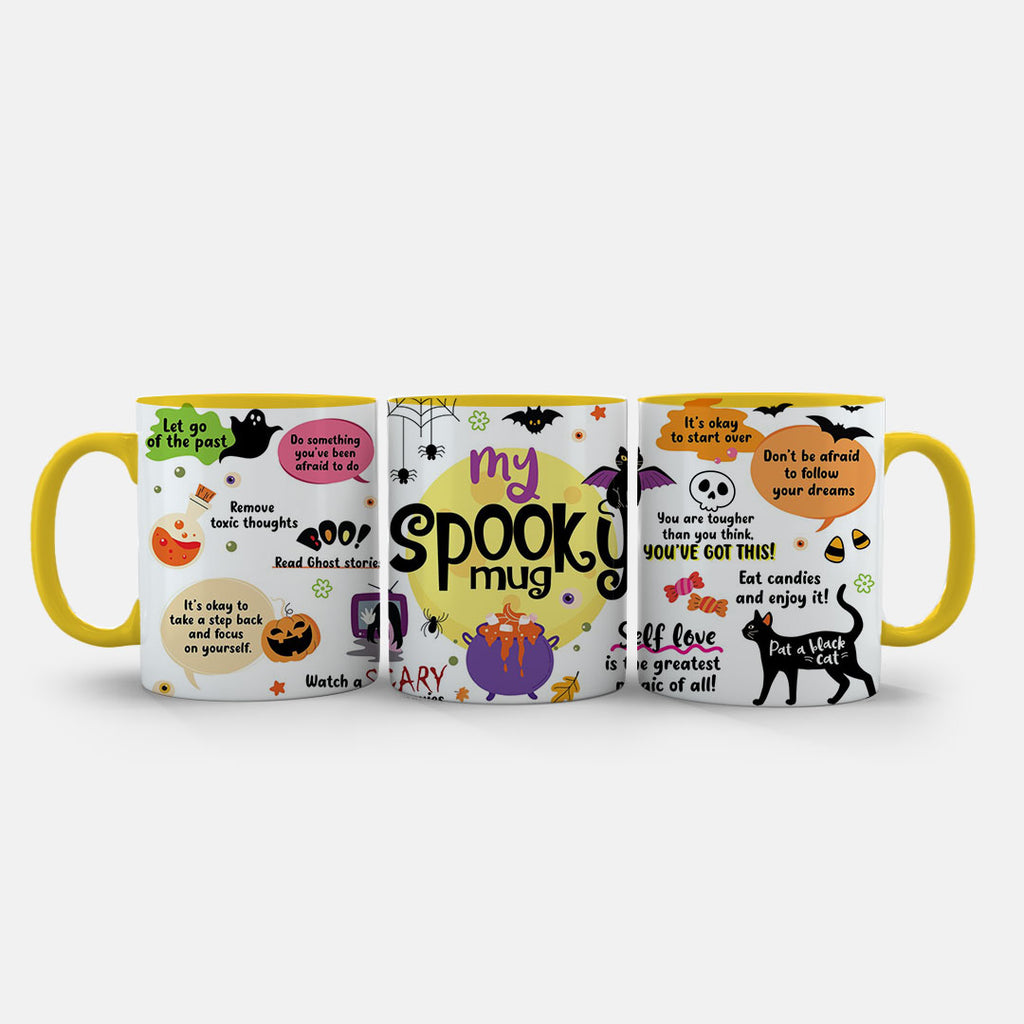 11oz Mug Colours - Orange bubbles reading self-love and dream-follow messages in playful font