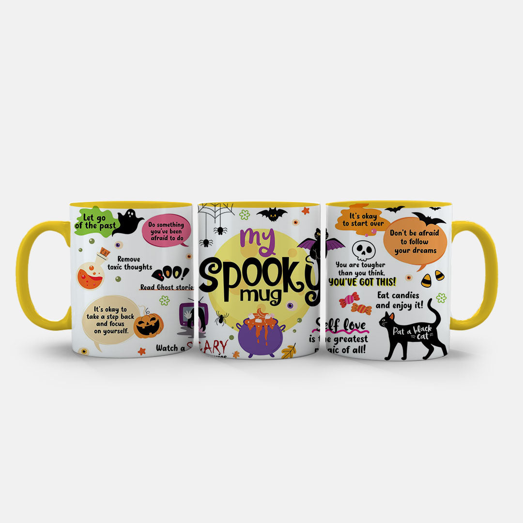 11oz Mug Colours - Orange bubbles reading self-love and dream-follow messages in playful font