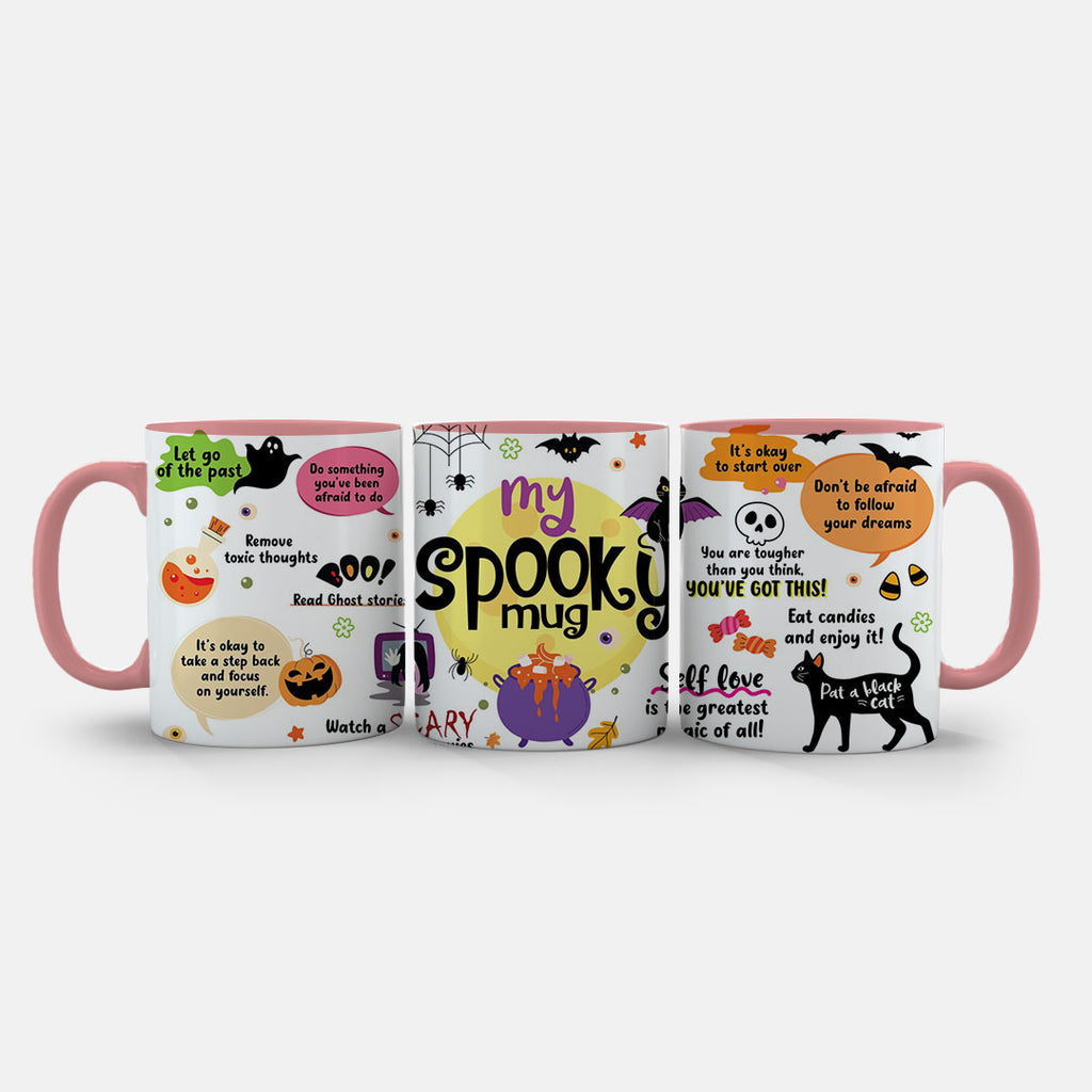 11oz Mug Colours - Bright multi-coloured Halloween design featuring positive life advice and icons