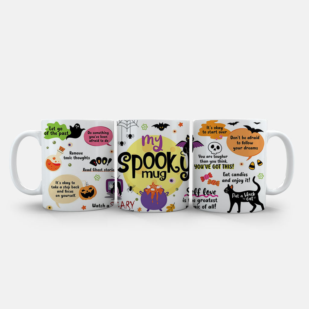 11oz Mug Colours - Complete view of My Spooky Mug artwork with all Halloween and wellness messages