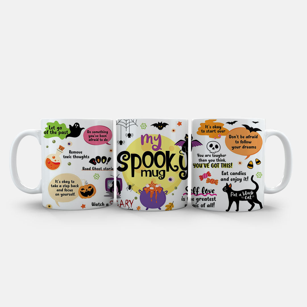 11oz Mug Colours - Complete view of My Spooky Mug artwork with all Halloween and wellness messages