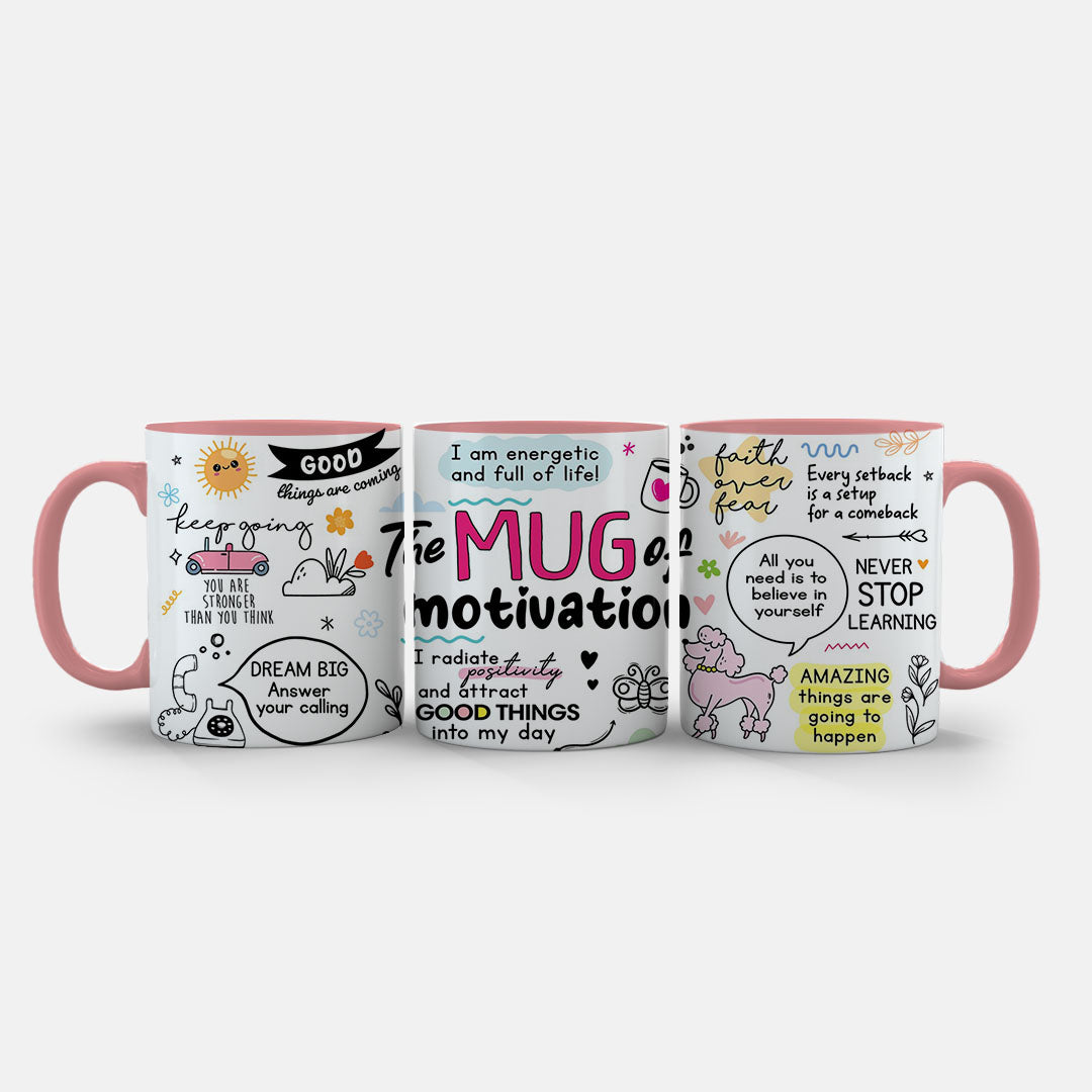11oz Ceramic Mug Yellow - The Mug of Motivation with mixed typography and doodle illustrations in colour