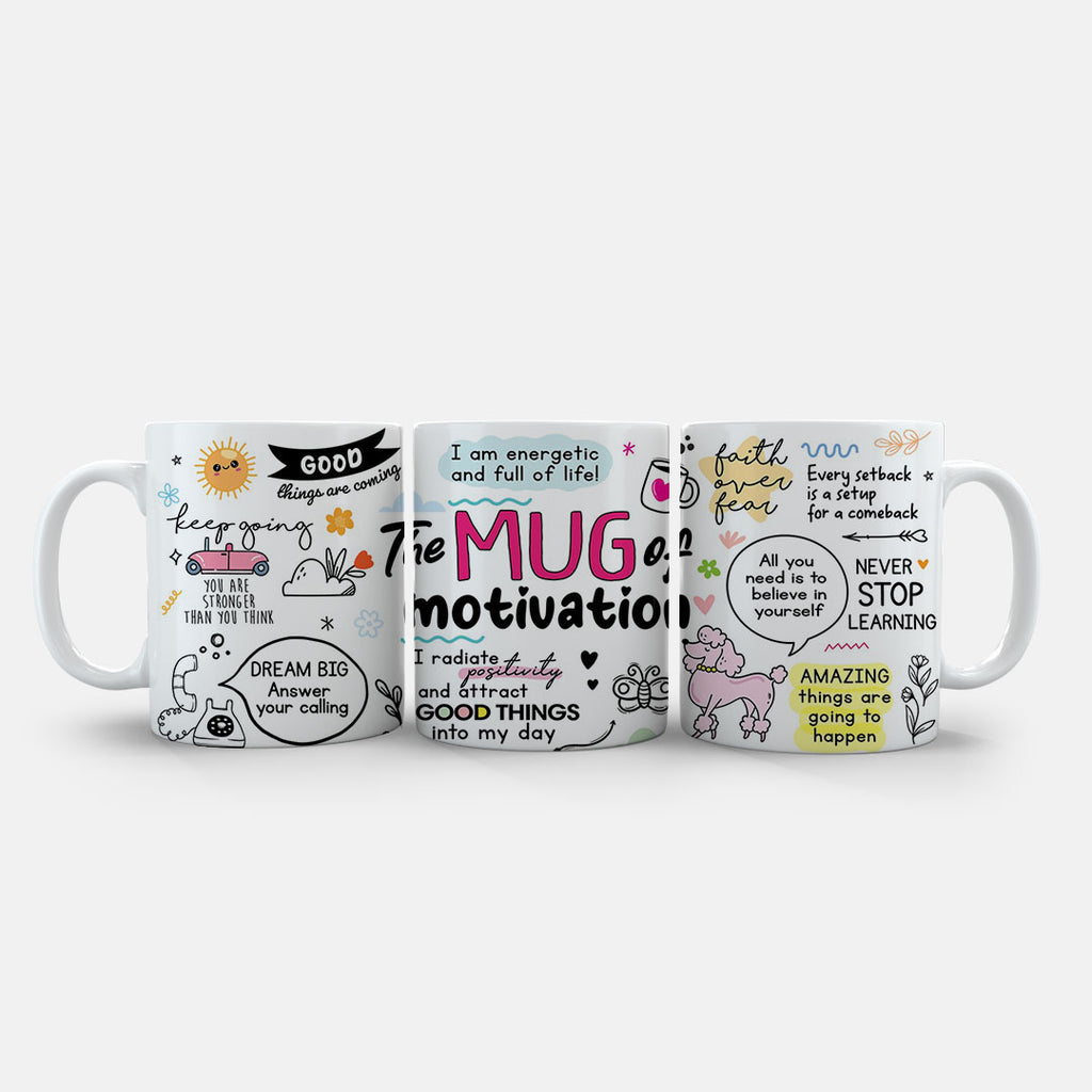 11oz Ceramic Mug Orange - Encouraging quotes mug with hand-drawn sun, flowers and motivational text design