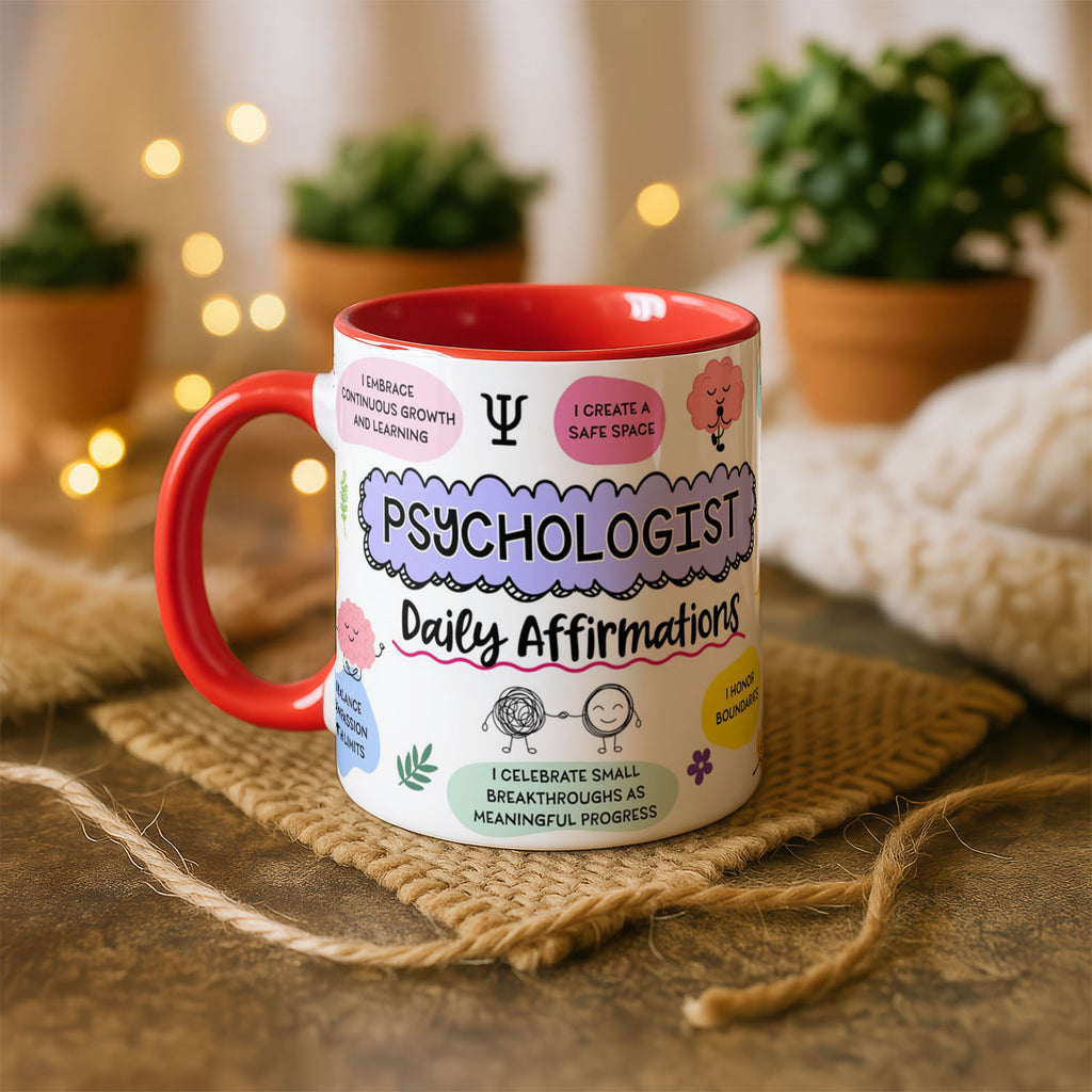 11oz Mug Colours - Psychologist affirmations print with pastel speech bubbles and wellness icons