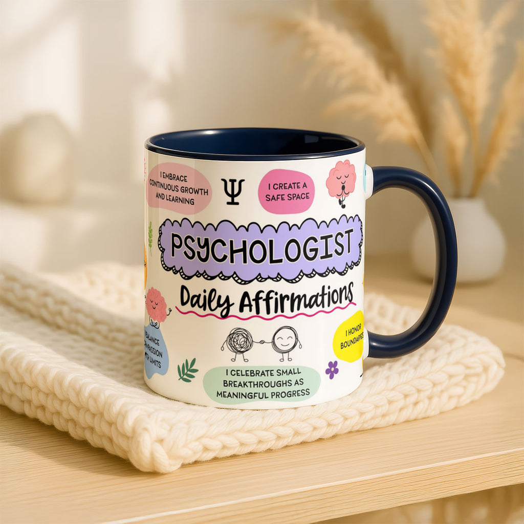 11oz Mug Colours - Close-up of psychology affirmation text with illustrated brain and heart icons