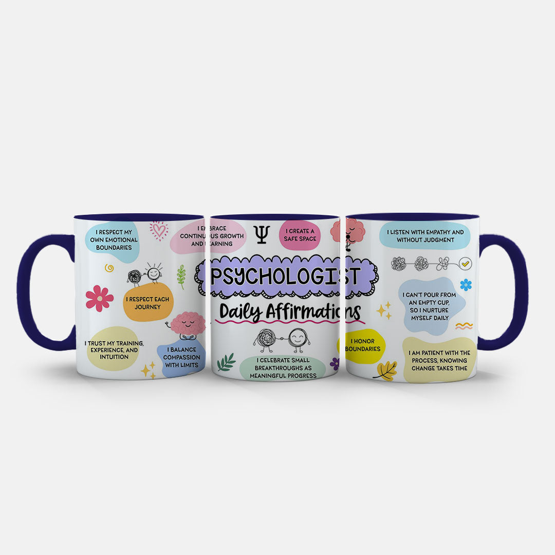 11oz Mug Colours - Colourful wellness affirmations surrounding central purple 'Psychologist' cloud text