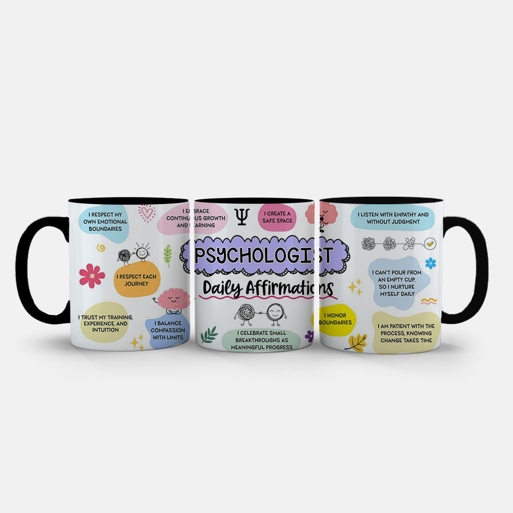 11oz Mug Colours - Affirmation mug featuring playful cartoon faces and mindfulness icons throughout