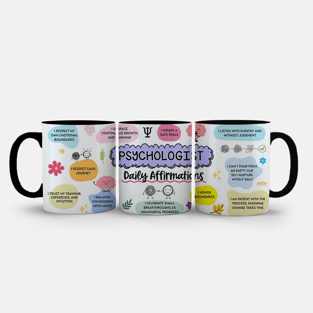 11oz Mug Colours - Affirmation mug featuring playful cartoon faces and mindfulness icons throughout