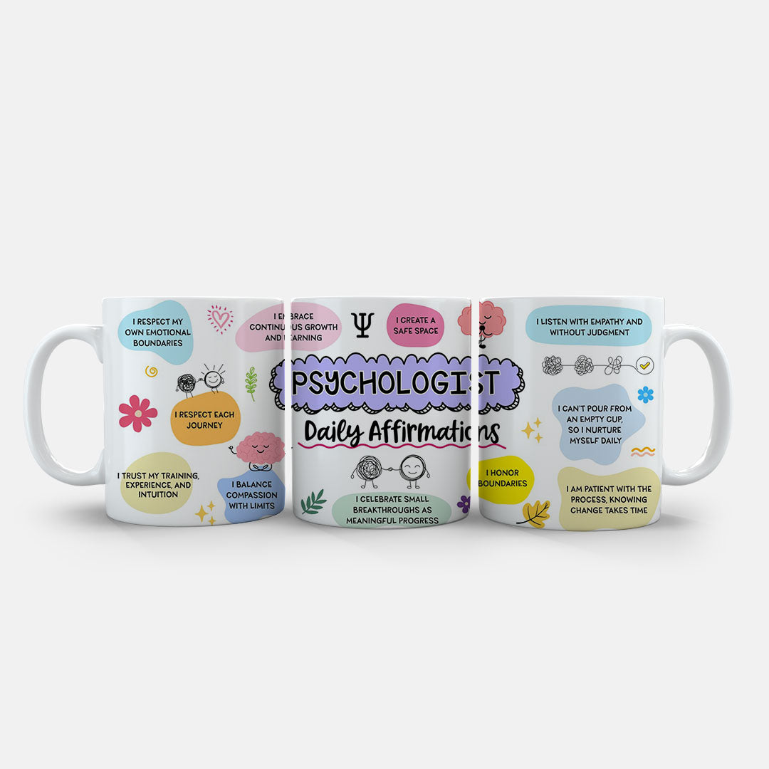 11oz Mug Colours - Full design view of psychologist daily affirmations print on ceramic mug