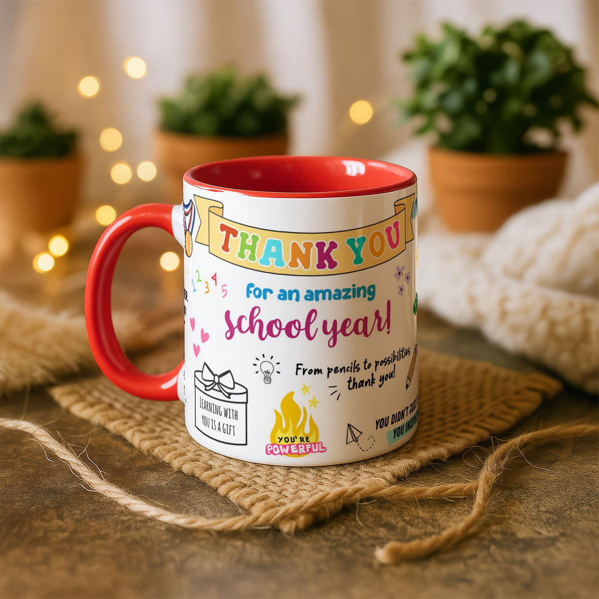 11oz Ceramic Mug White - colourful thank you teacher artwork with inspirational quotes and doodles