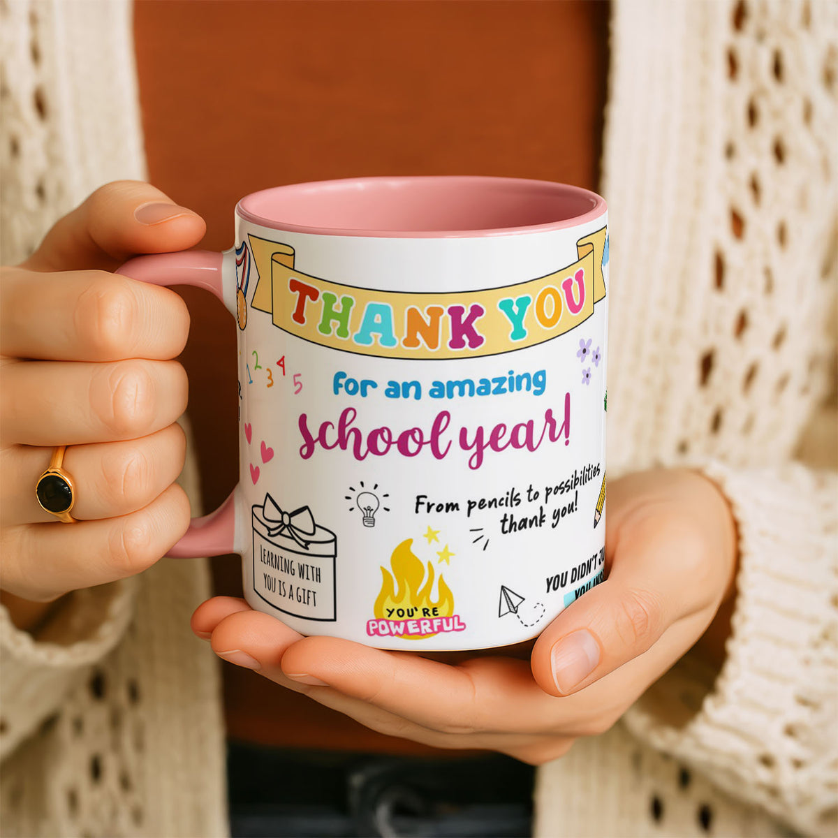 11oz Ceramic Mug Black - thank you teacher design featuring medals, flowers and encouraging messages