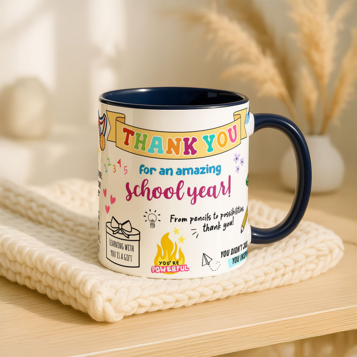 11oz Ceramic Mug Blue - cheerful teacher appreciation artwork with hand-drawn illustrations