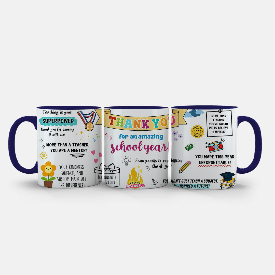 11oz Ceramic Mug Red - teacher superpower mug with multicoloured text and school-themed doodles