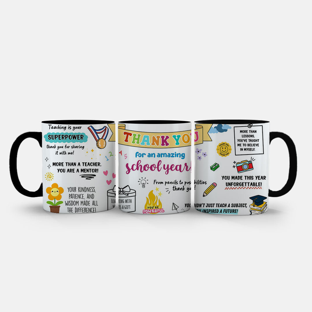 11oz Ceramic Mug Pink - appreciation artwork featuring pencils, light bulbs and thank you text