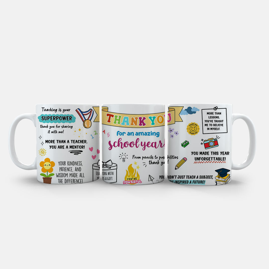 11oz Ceramic Mug Grey - thank you teacher design with vibrant colours and motivational doodles