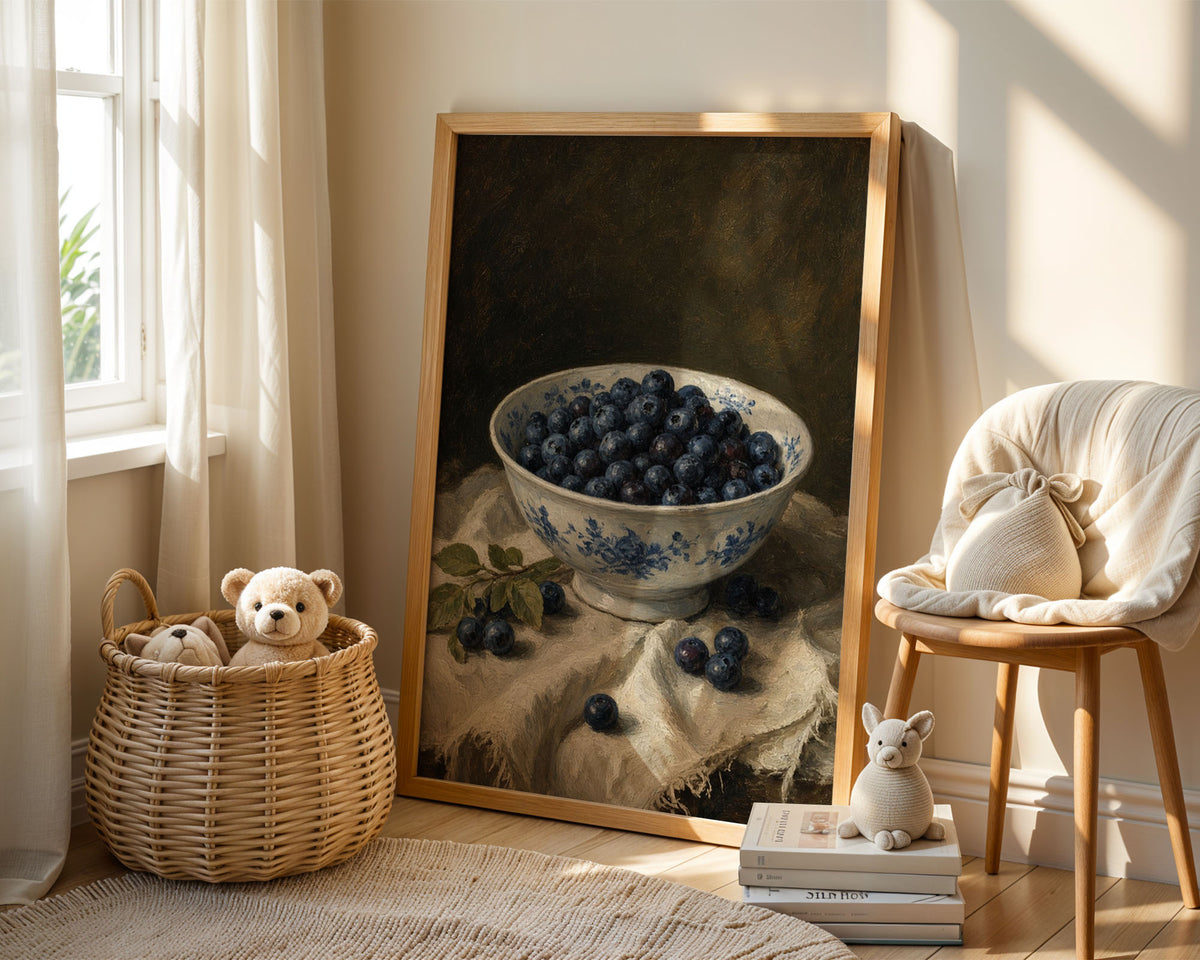 A4 Nursery Print - Bowl of fresh blueberries with blue floral design on cream linen cloth